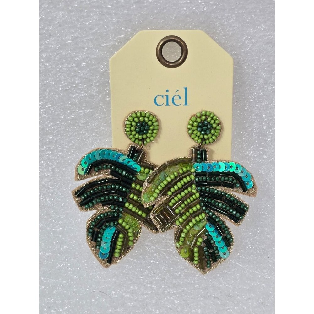 Handcrafted Ciel Green & Blue Beaded Tropical Leaf Statement Earrings